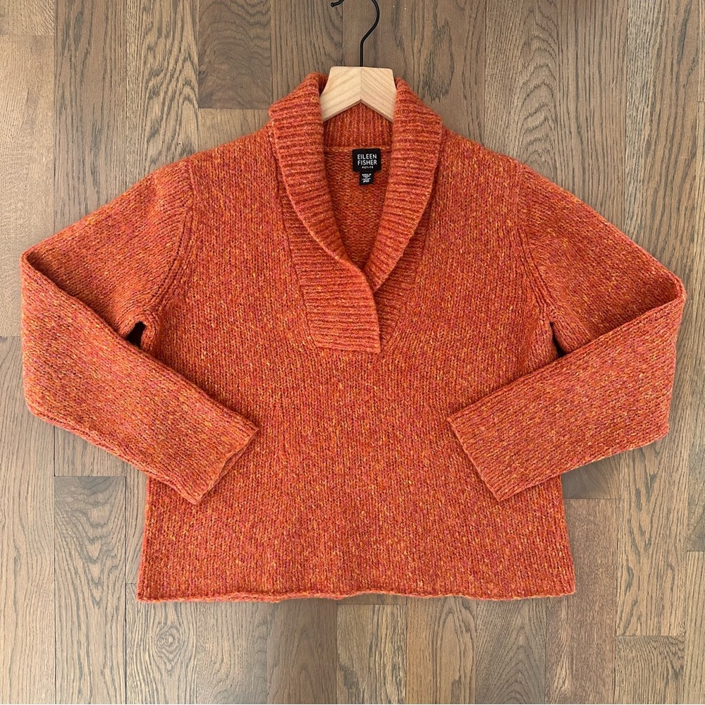 Eileen Fisher Petites Shawl Collar Merino Wool Blend Melange Sweater Orange MP